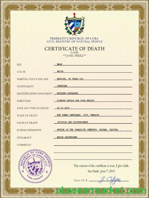 Cuba vital record death certificate PSD template